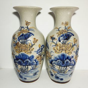 Lọ lục bình men rạn gốm sứ bát tràng đắp nổi hoa sen H50