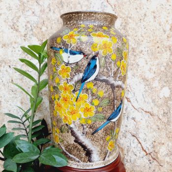 Bình hoa vuốt tay thủ công vẽ chim đào cao H37